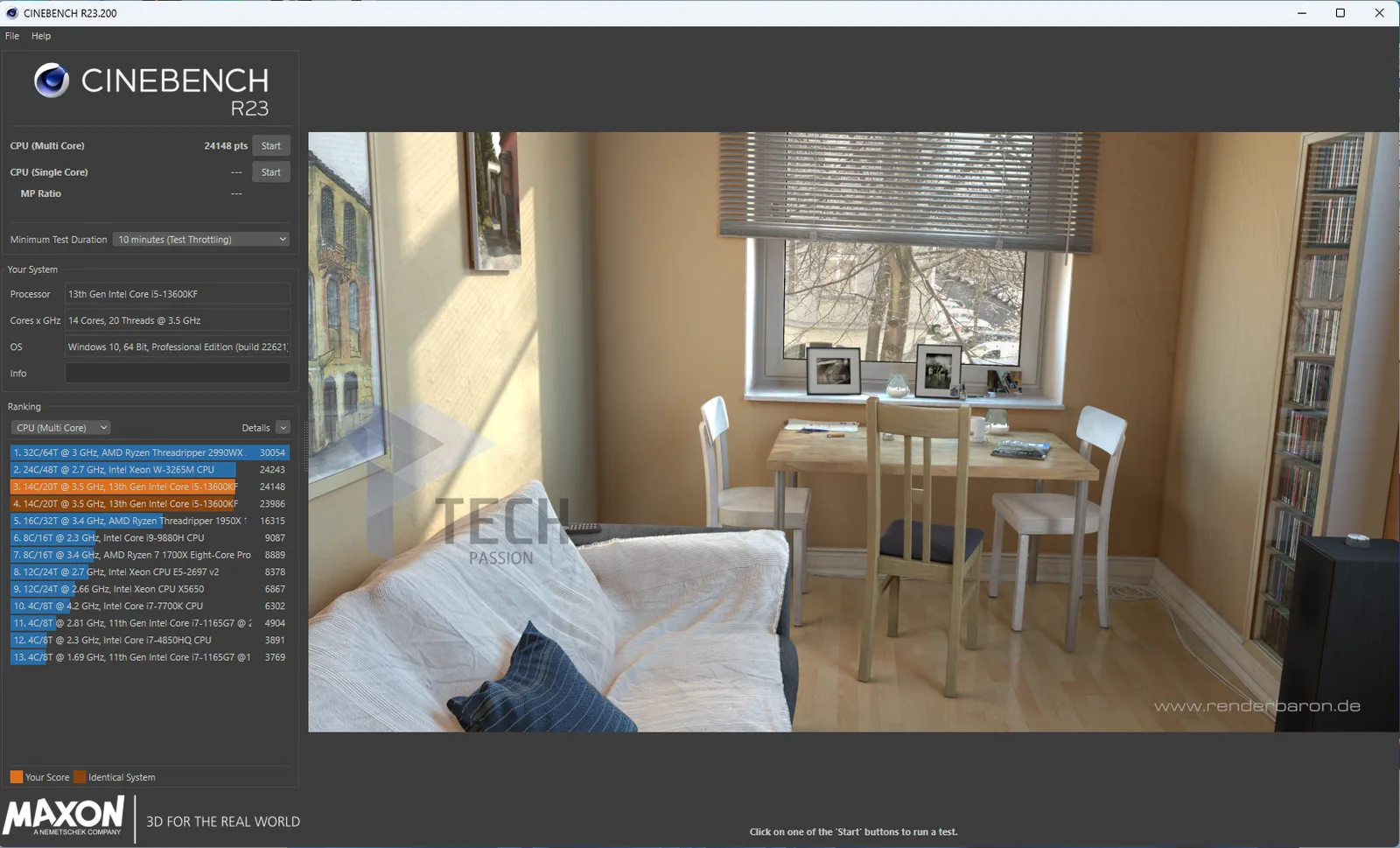 الاختبار بواسطة CINEBENCH R23- النتيجة الكاملة في تعدد الأنوية