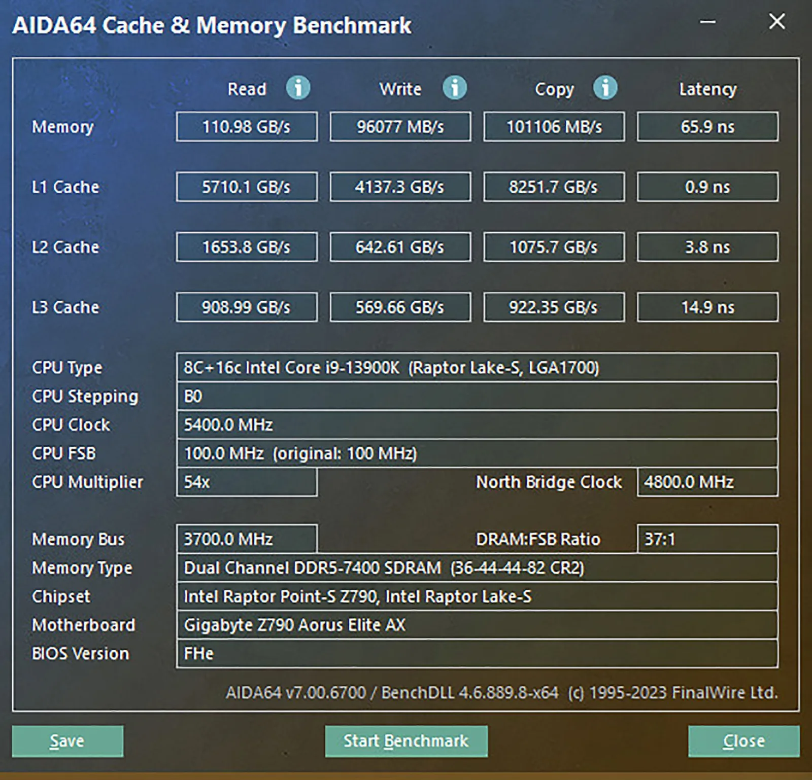 اختبار Aida64 للذاكرة مع تردد 7400MT/s