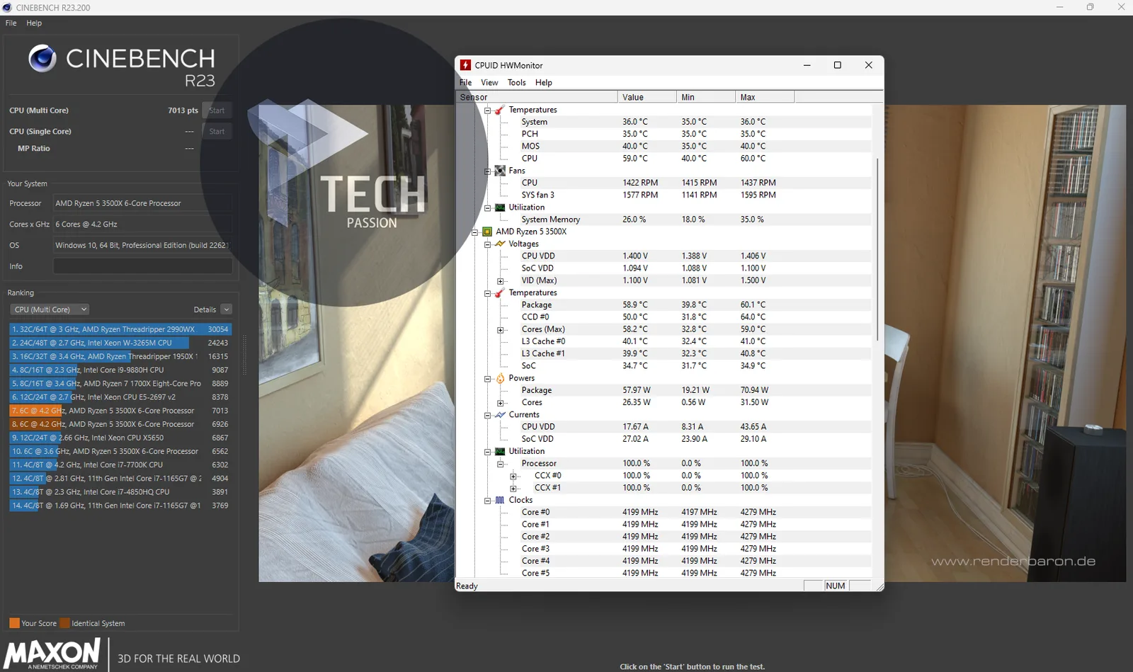 اختبار Cinebench R23 مع سرعة 100% من سرعة المروحة