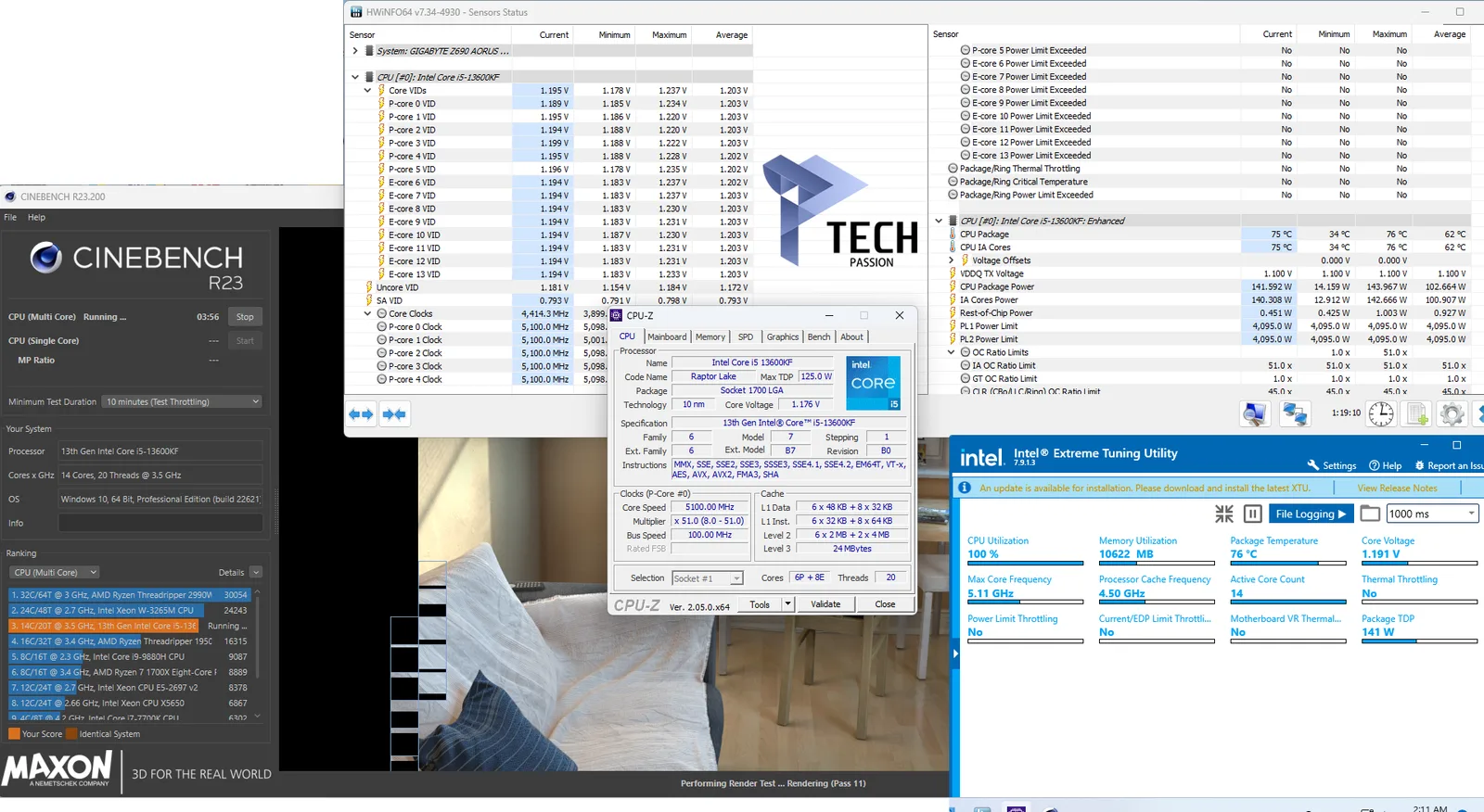 CINEBENCH R23 تردد 5.1GHz في حالة الثبات في تعدد الأنوية
