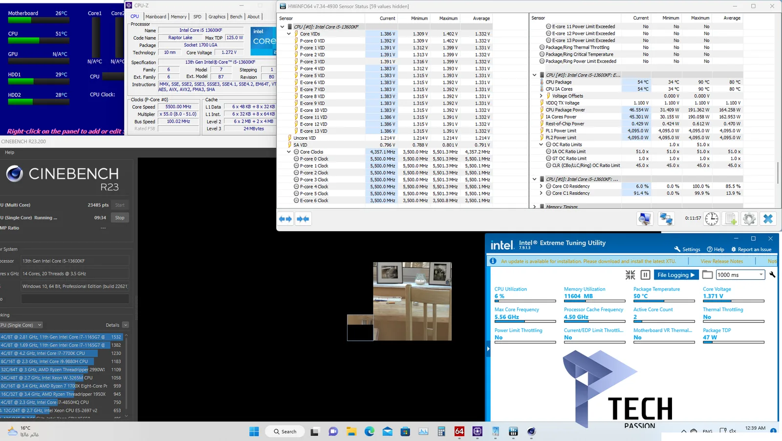 توضح الصورة اختبار المبرد ببرنامج cinebench R23 مع المعالج على تردد 5.5GHz في النواه الواحدة