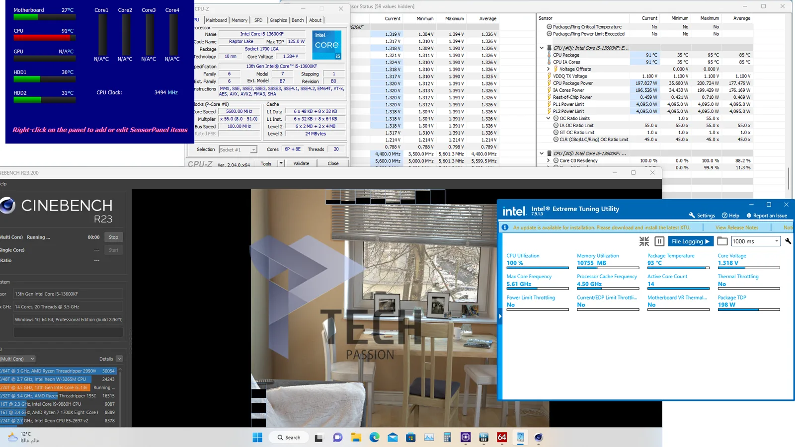 توضح الصورة اختبار المبرد ببرنامج cinebench R23 في تعدد الأنوية باستخدام تردد 5.6GHz