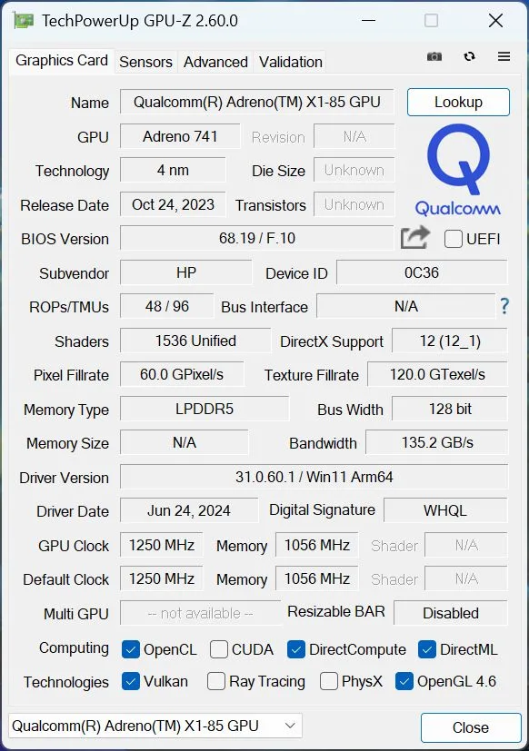 برنامج GPU-Z يوضح معالج لابتوب HP EliteBook Ultra G1q