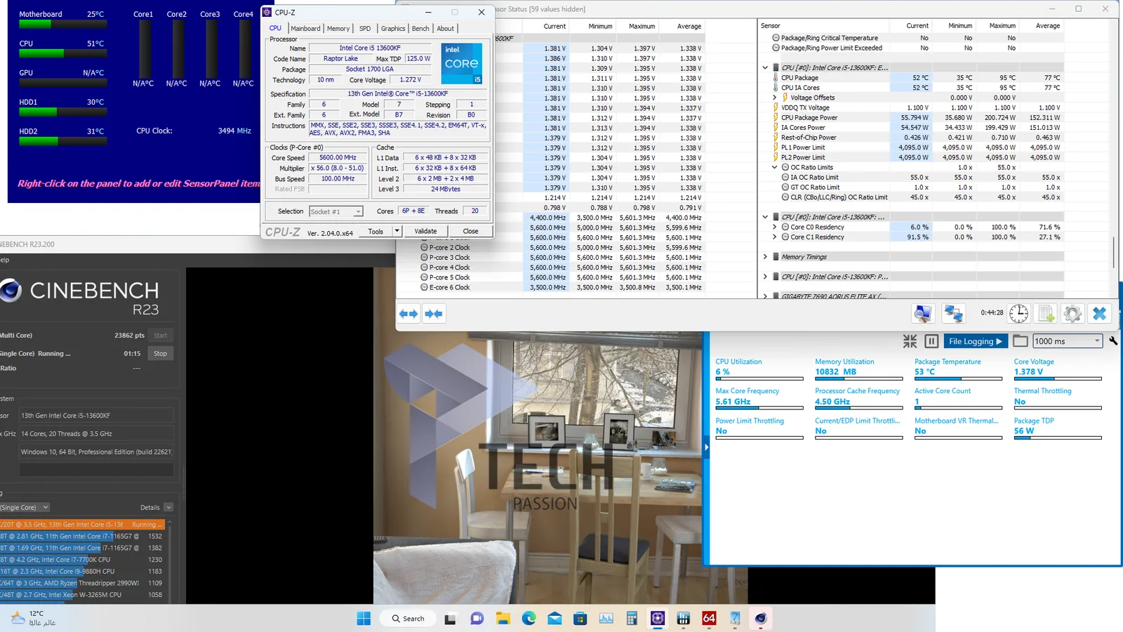 توضح الصورة اختبار المبرد ببرنامج cinebench R23 مع المعالج على تردد 5.6GHz في النواه الواحدة