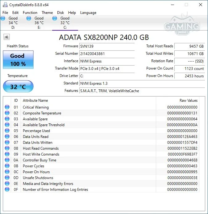 نتيجة برنامج Crystal Disk Info.