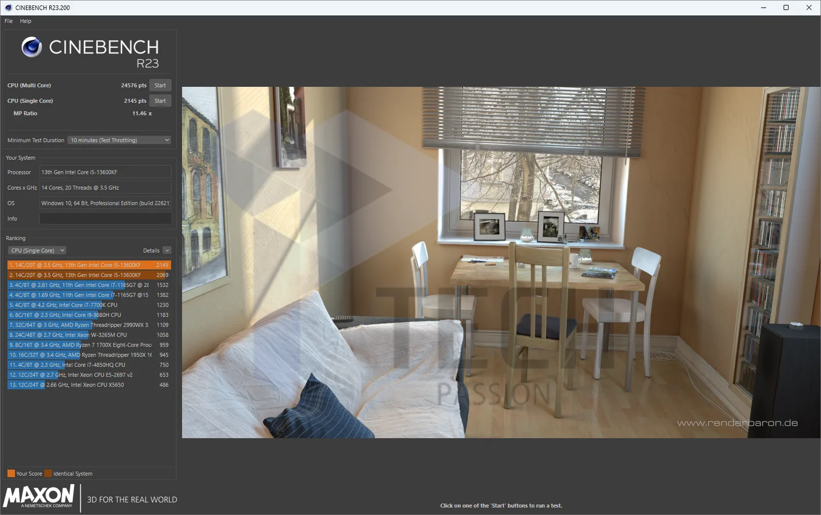 الصورة توضح نتيجة اختبار CINEBENCH R23 في جميع الحالات لمبرد Noctua NH-D15 Chromax Black