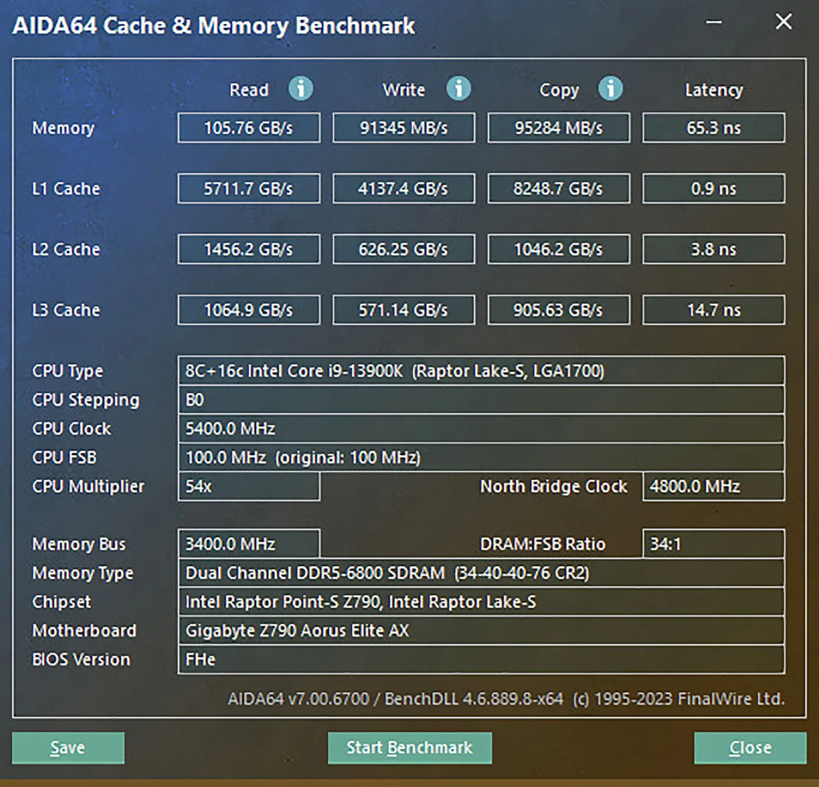 اختبار Aida64 للذاكرة مع تردد 6800MT/s