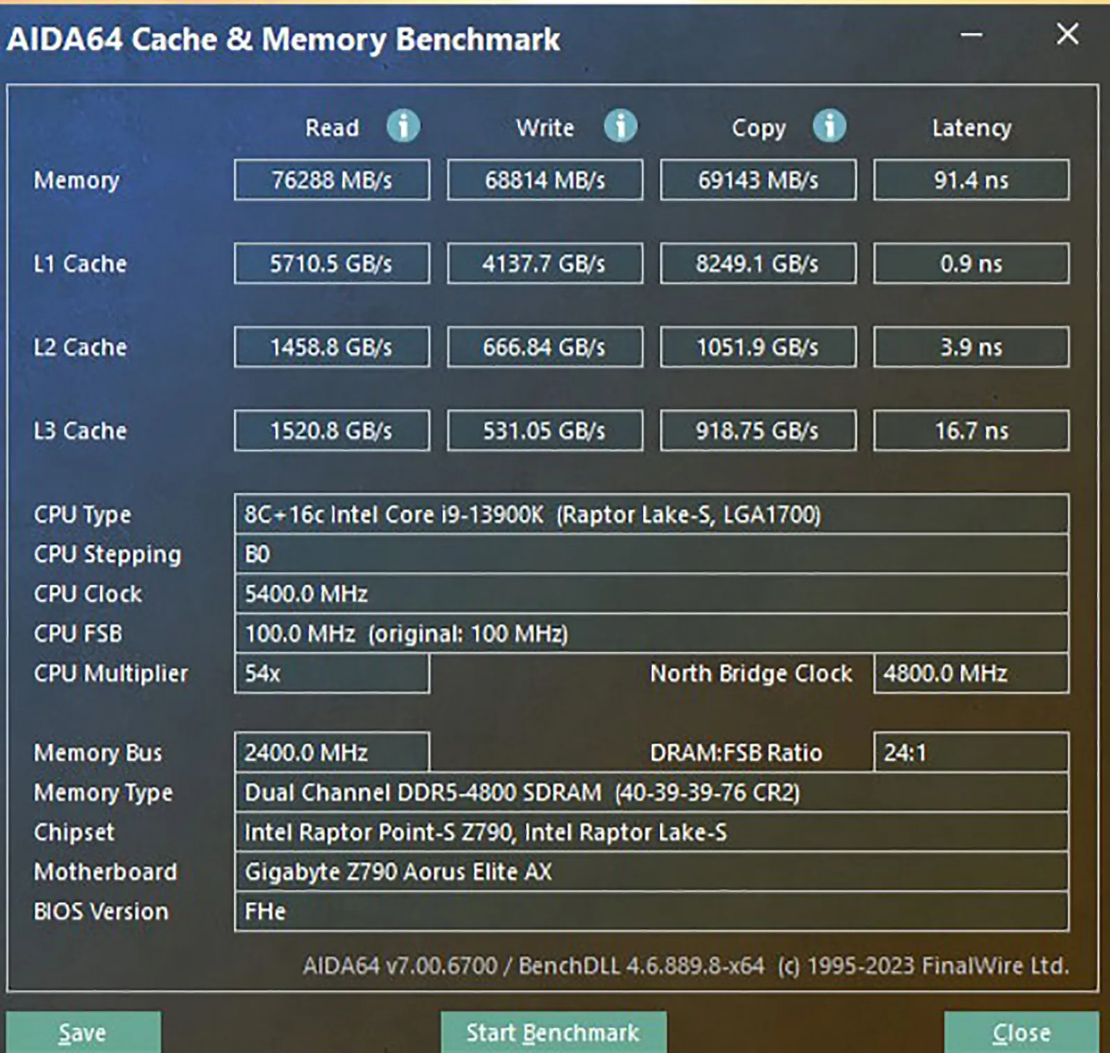 اختبار Aida64 للذاكرة مع تردد 4800MT/s